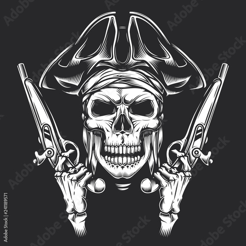 Skull with guns in his hands, in a pirate style. Monochrome vintage vector illustration.