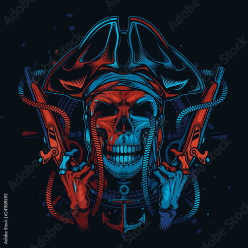Skull pirate in a cocked hat with guns in his hands. Original vector illustration in vintage style. Print on t-shirt.