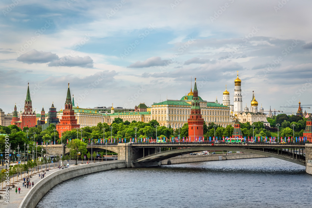 Moscow, Russia - June 5th 2018 - The Kremlin palace seen from a bridge in the river in a summer day of Russia