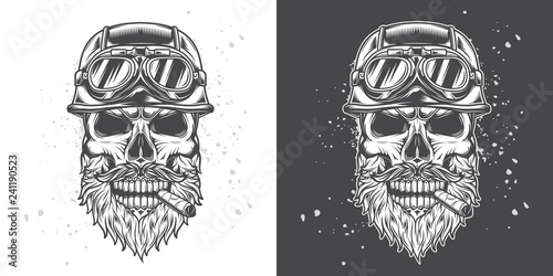 noishablonshatterMonochrome vector illustration. Brutal skull biker motorcycle helmet with beard and moustache, with a cigar in his mouth.