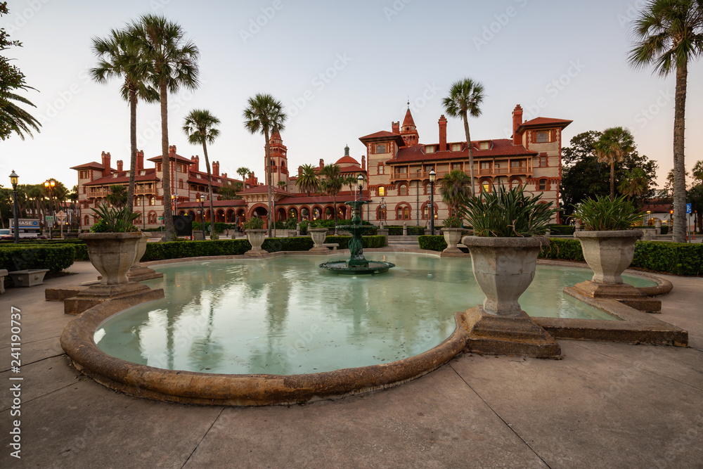St. Augustine, Florida, United States - October 30, 2018: Beautiful Fountain in Lightner Museum during a sunny sunset.