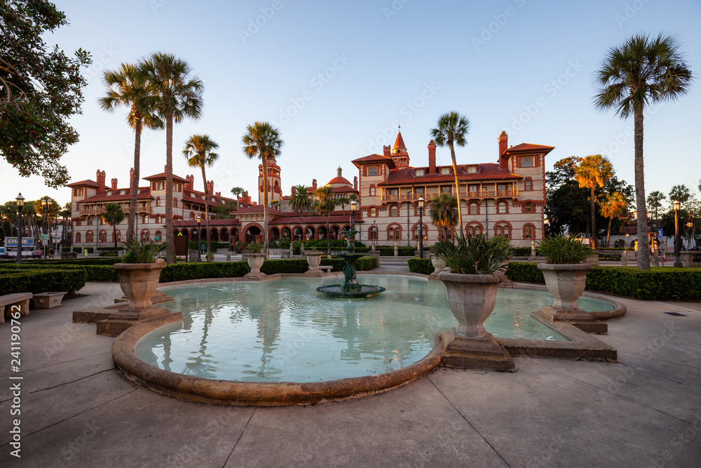 St. Augustine, Florida, United States - October 30, 2018: Beautiful Fountain in Lightner Museum during a sunny sunset.