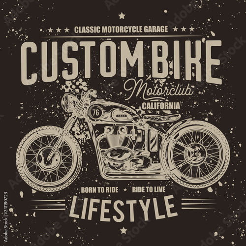 Vintage motorcycle. Monochrome vector illustration. T-shirt design