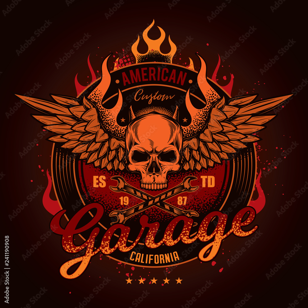 Obraz premium Vintage, vector Moto illustration. Skull with wings on fire. Suitable for t-shirt design.