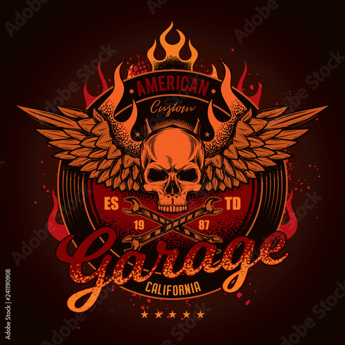 Vintage, vector Moto illustration. Skull with wings on fire. Suitable for t-shirt design.