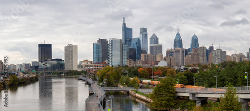 Philadelphia, Pennsylvania, United States - October 28, 2018: Panoramic view of a modern Downtown City during a cloudy day.