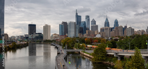 Philadelphia  Pennsylvania  United States - October 28  2018  Panoramic view of a modern Downtown City during a cloudy day.