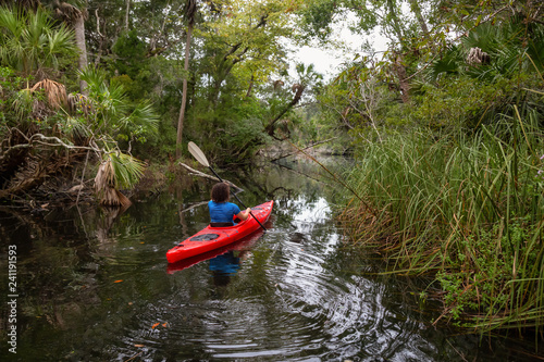Adventurous girl kayaking on a river covered with trees. Taken in Chassahowitzka River, located West of Orlando, Florida, United States.
