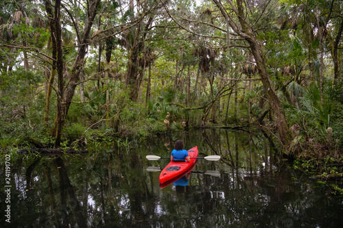 Fototapeta Naklejka Na Ścianę i Meble -  Adventurous girl kayaking on a river covered with trees. Taken in Chassahowitzka River, located West of Orlando, Florida, United States.