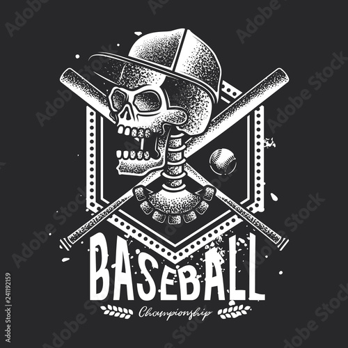 Photography Monochrome vector illustration of a skull in a cap, with baseball supplies in the background
