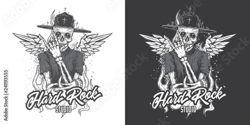 Monochrome vector illustration. The skeleton in the hat in the fire and with wings. The emblem of the music hard rock Studio.