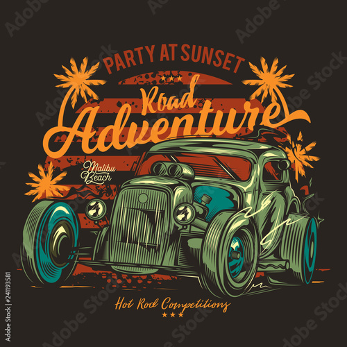 American classic hot rod. Vintage vector illustration. T-shirt or sticker design.