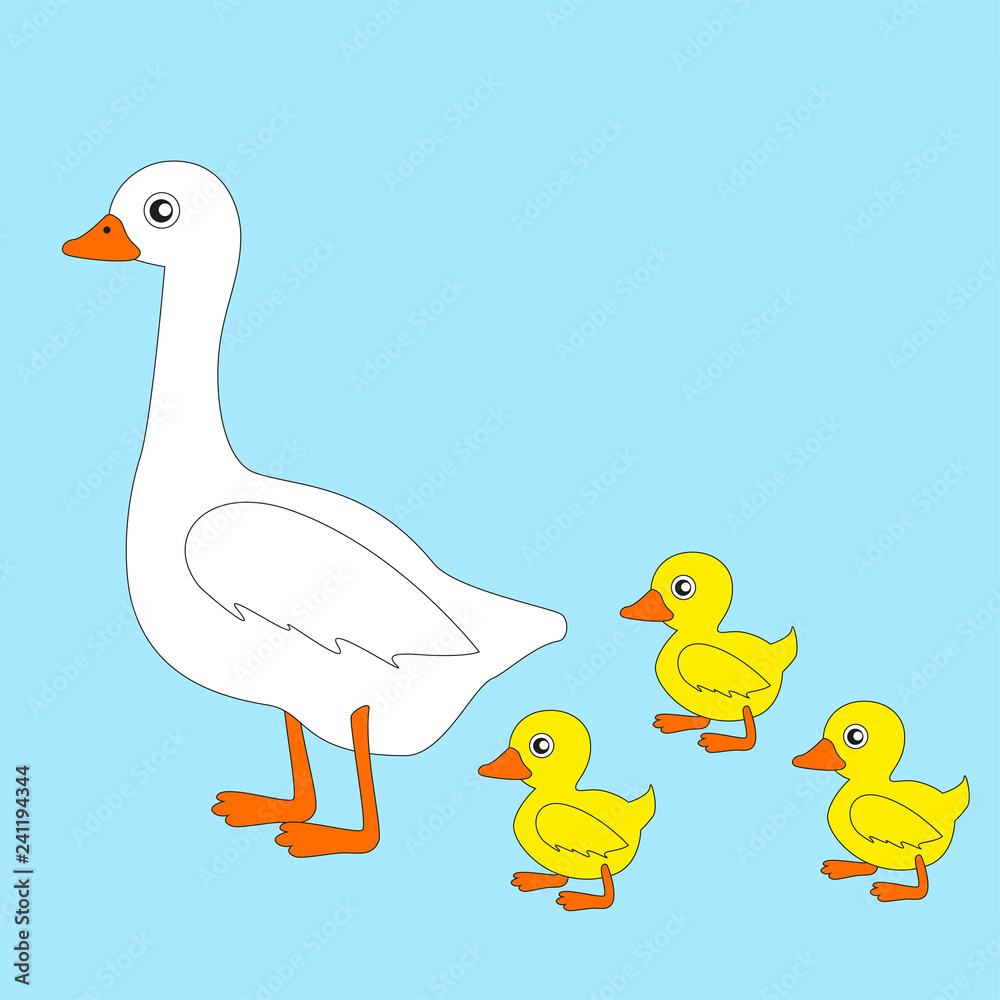 Home white goose and little geese isolated by blue background. Home white goose and little geese isolated by blue background.