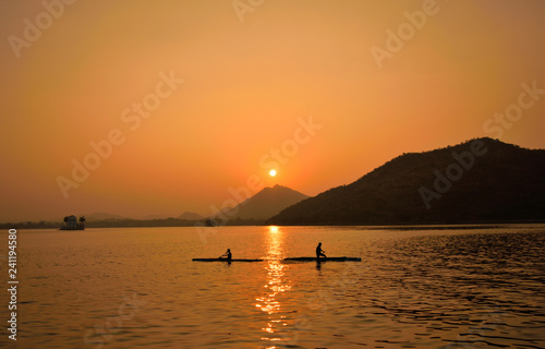 Sunset over fateh sagar lake. in Udaipur.