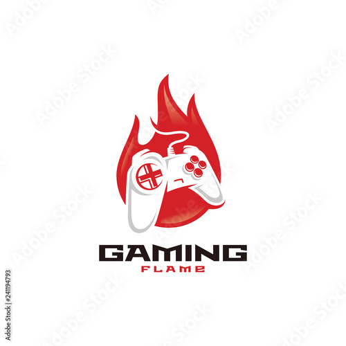Game gaming logo, keypad controller and fire flame vector icon