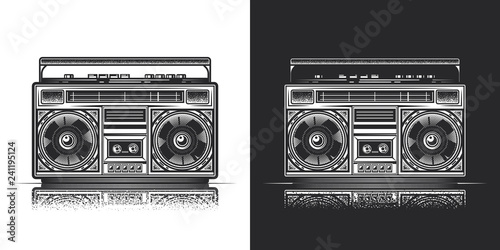 Boombox. Retro portable stereo radio cassette player. Monochrome vector illustration, on white and dark background.