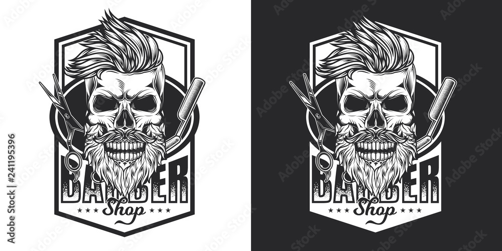 Skull Barber with beard and mustache on the background of Barber razor and scissors. Monochrome emblem on white and dark background.