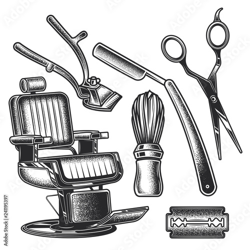 Set of Barber tools and elements. Monochrome vector illustration.