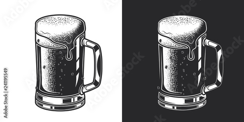 Mug of beer. Monochrome vector illustration in vintage style, on white and dark background.