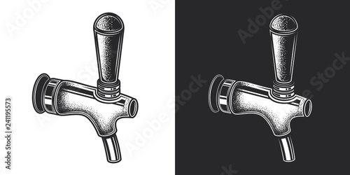 Beer tap. Monochrome vector illustration in vintage style, on white and dark background.