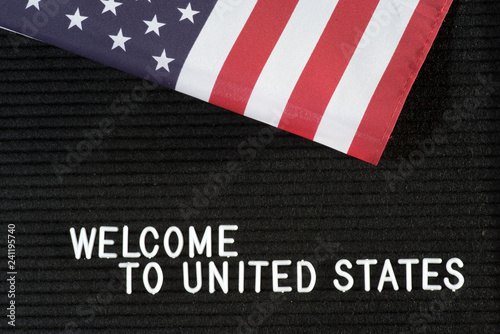Flagge von USA und Slogan Willkommen in Vereinigten Staaten von Amerika