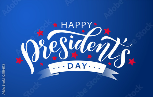 Happy Presidents Day with stars and white ribbon on blue background. Vector illustration Hand drawn text lettering for Presidents day in USA. Design for print greetings card, sale banner, poster.