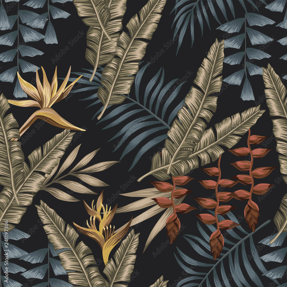 Exotic jungle seamless black background - obrazy, fototapety, plakaty 