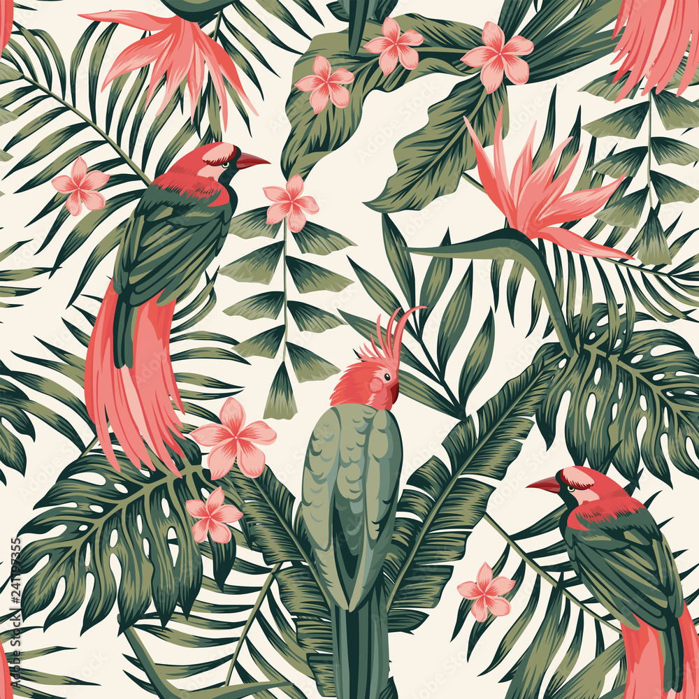 Fototapeta Tropikalne rośliny kwiaty ptaki abstrakcyjne kolory bez szwu