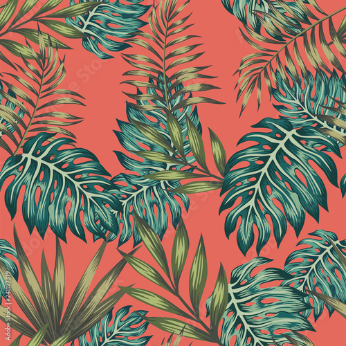 Multicolored tropical leaves seamless living coral background