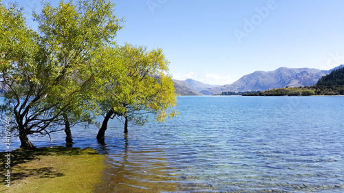 This is a view of Wanaka lake in New Zealand. This is a peaceful place for picnic, relaxing, escaping from work, and nature lovers. The place has clear blue sky, clean and pure lake and mountains.