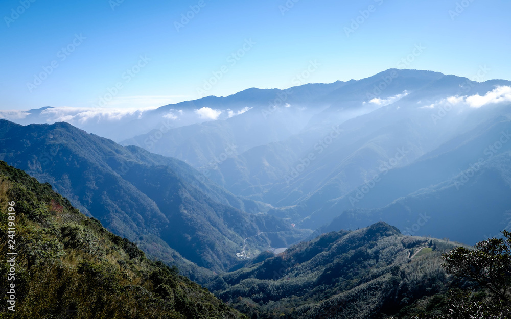 A breathtaking scenery taken in Taiwan. This is a valley that has steep slope. The landscape is very calm, tranquil and peaceful. This is suitable for background use. The mountains have many layers.