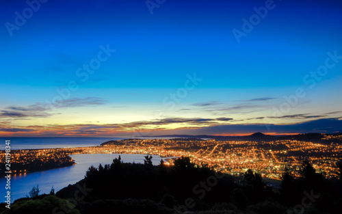 Evening night sunset view of Dunedin City, Otago, New Zealand South Island