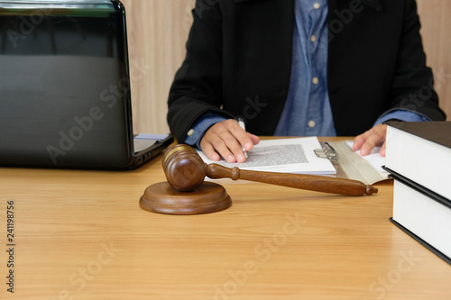 judge lawyer attorney justice working with document at court. legal law gavel at courtroom.