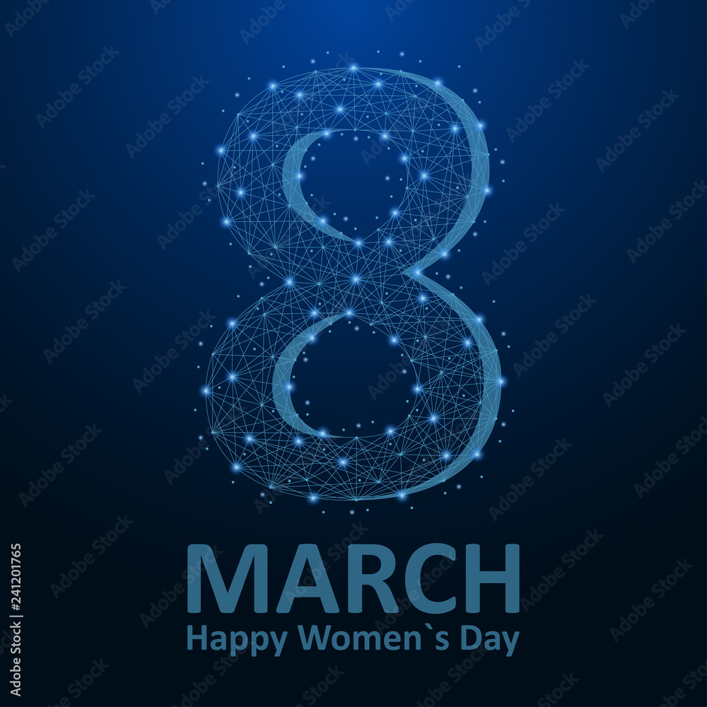 Obraz premium Women`s Day low poly card, 8 March illustration made by points and lines, polygonal wireframe mesh on night sky, dark blue background. Vector.