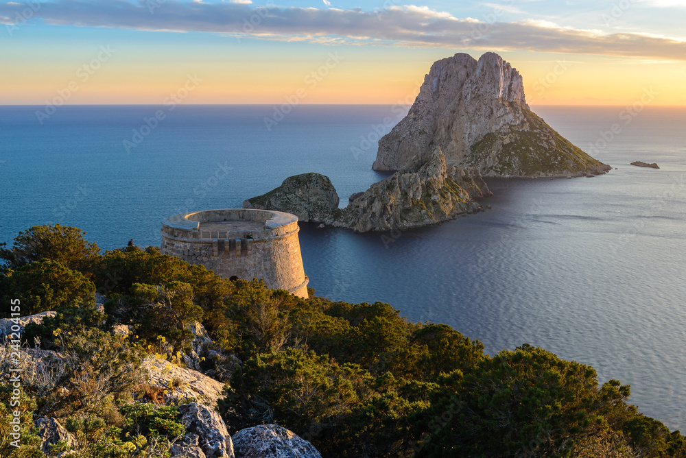 Savinar Tower and Es Vedra island, Ibiza, Spain