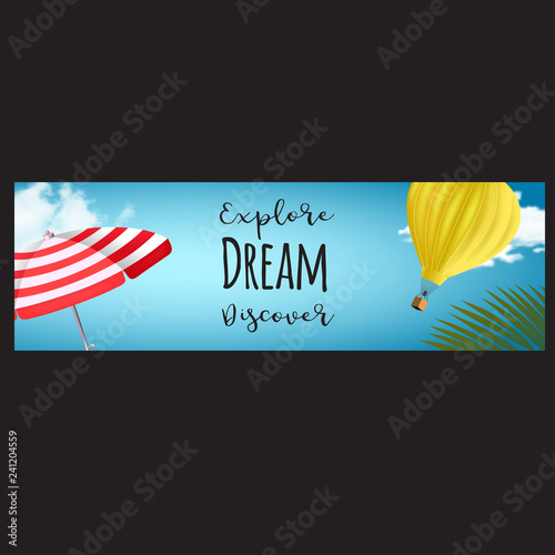 Vector horisontal summer travel banner with realistic beach umbrella, balloon, clouds, palm leaves.