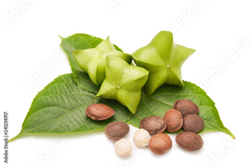 Sacha Inchi on white background, fresh green seeds fruit of sacha-Inchi peanut and leaf. photo