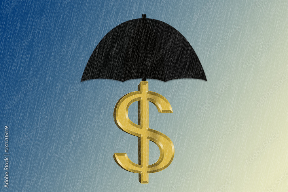 Gold money sign protected by black umbrella; save for a rainy day concept Gold money sign protected by black umbrella; save for a rainy day concept