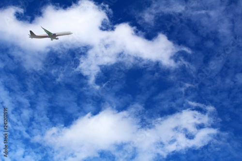 White clouds against blue sky, airplane on a background of cloud