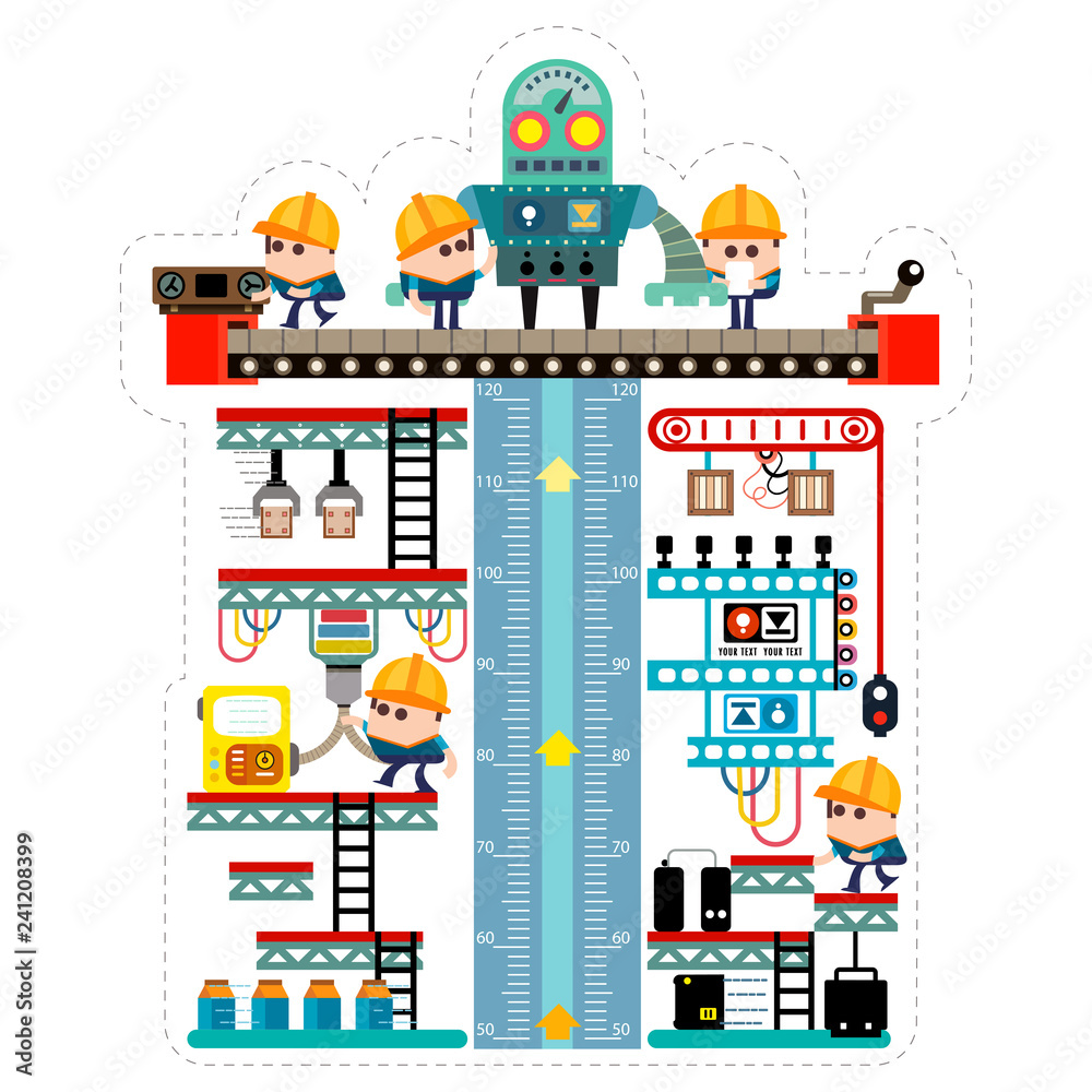 Obraz premium Kids height chart with maker robot in the factory, Meter wall or height meter from 50 to 120 centimetre , Vector illustration