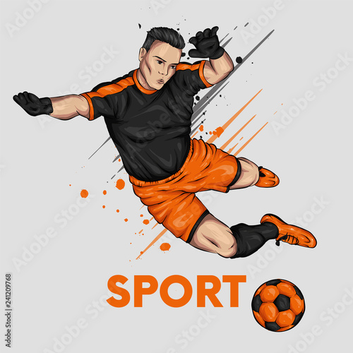 A man in football uniform and with a ball. Footballer. Sports and health. Vector illustration for postcard or poster, print for clothes.