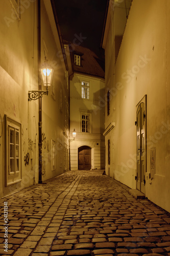 Narrow cobbled street in old medieval town with illuminated houses.