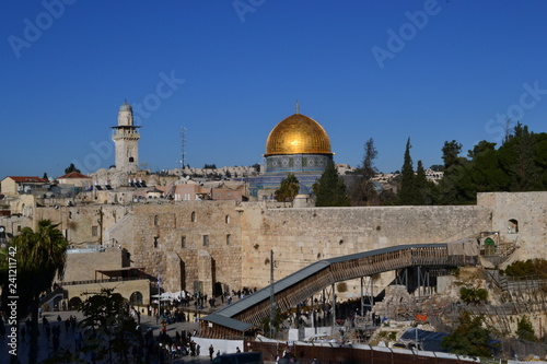Daylight view on Dome of Rock and western wall in Jerusalem Israel  Kotel  golden dome  blue sky