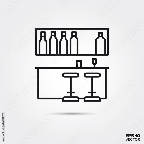 bar with counter, shelf and stools vector line icon