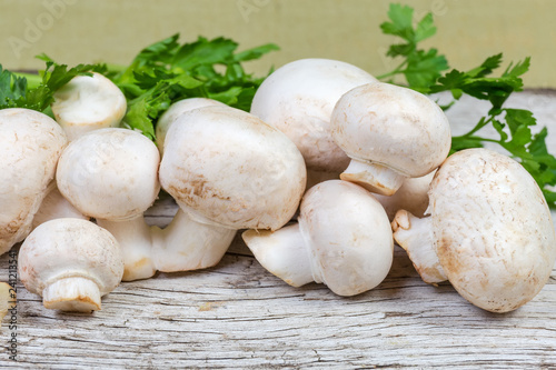 Uncooked button mushrooms against of parsley on old wooden surface