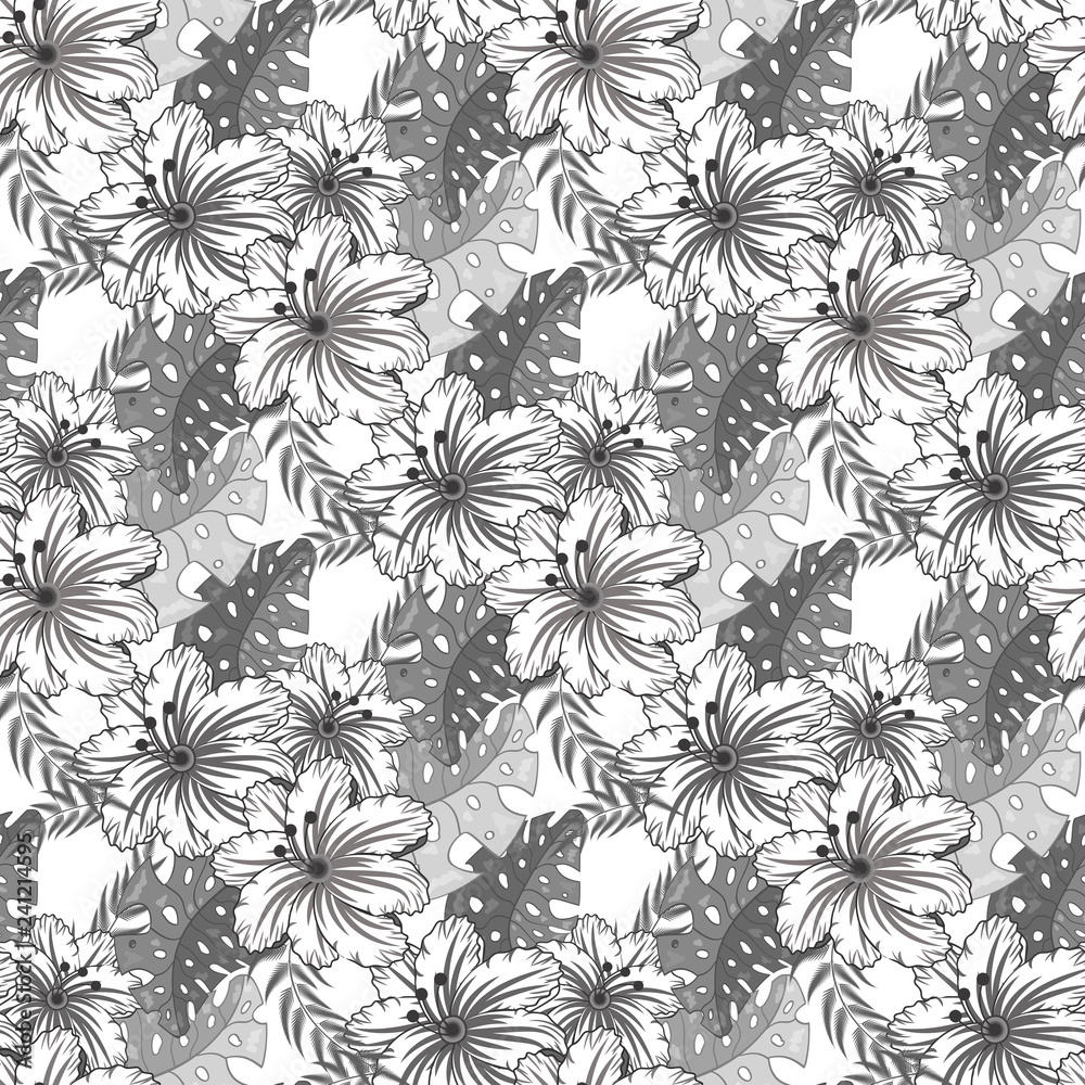 Obraz premium Seamless pattern. Decorated with leaves and flowers. Doodles style. for summer fabric, wrappers, covers. Easy to edit. black and white
