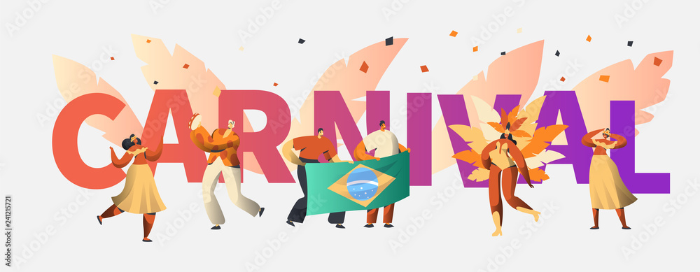 Fototapeta premium Brazil Carnival Party Character Dancer Poster Typography. Man Woman Dance at Brazilian Holiday Music Festival Banner Design. Exotic Celebration Flat Cartoon Vector Illustration