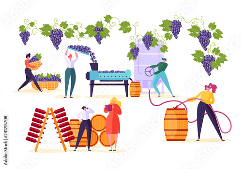 Winery Factory. Wine Production Process Set. Winemaker Character Crushing Fermentation Bottling Red Grape Alcohol Drink to Wooden Barrel with Old Vineyard Technology Flat Cartoon Vector Illustration