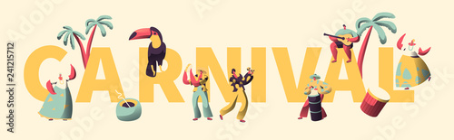 Carnival Exotic Party Character Typography Poster Template. Man Woman Dance at Brazilian Music Festival Feast Card Design. Carnaval Costume Collection Flat Cartoon Vector Illustration