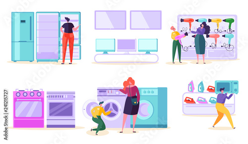 Electronic Retail Store Sale Market Consumer. Customer Purchase TV and Microwave in Technology Supermarket. Man Character Choose Fridge and Washer Product at Tech Mall Flat Cartoon Vector Illustration